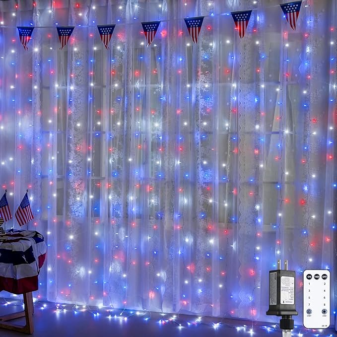 JMEXSUSS 300LED Red White and Blue Lights with Remote, 4th of July Lights Plug in, Patriots Curtain Hanging String Lights for Bedroom Wall Window Backdrop Indoor Outdoor 4th of July Decor, 9.8x9.8ft-Ruum Studio Home