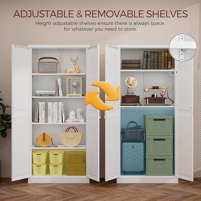 71" Tall Metal Pantry Cabinet, White Kitchen Pantry Storage Cabinet with 4 Adjustable Shelves and Gold Handles, Cupboard for Kitchen, Dining Room, Living Room, Bathroom-Ruum Studio Home