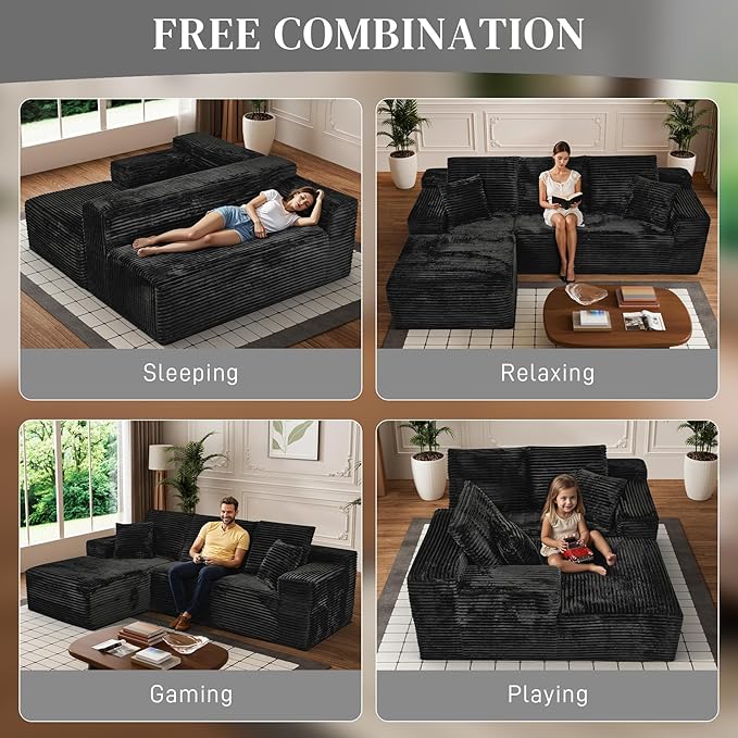 Modular Sectional Sofa Cloud Sectional Couch, 107" Comfy Fluffy L Shaped Light Black Couches for Living Room, Deep Seat Memory Foam Corduroy Boneless Couch Sectionals with Right Facing Chaise Sofa-Ruum Studio Home