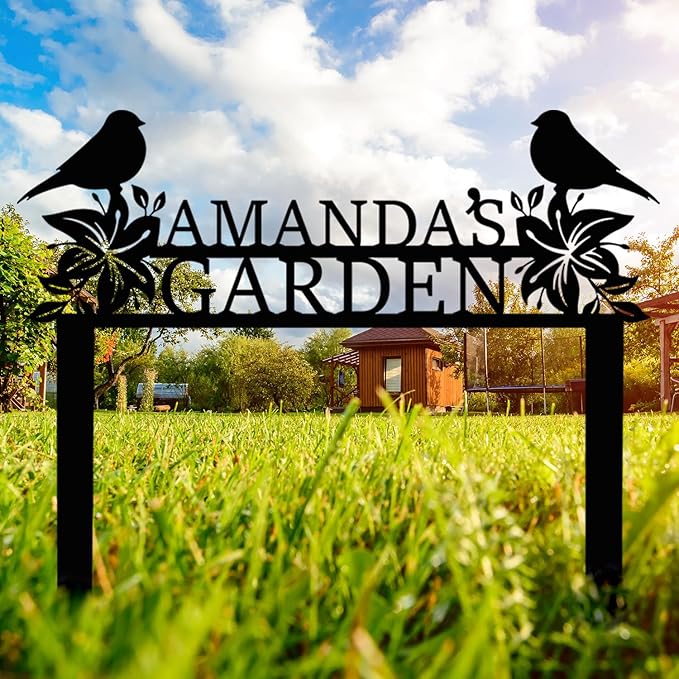 Personalized Metal Garden Name Sign with Flowers and Birds, Custom Yard Sign with Stake-Ruum Studio Home