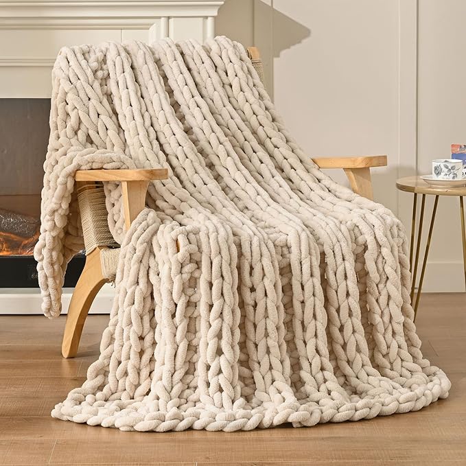 Esterra Chunky Knit Blanket Throw, 100% Handmade Chenille Throw Blanket 40"x50", Soft Thick Yarn Cable Knit Crochet Throw Blanket Rope Knot Throw for Couch Bed Sofa, Apricot White-Ruum Studio Home