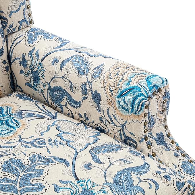 UIXE High Back Floral Accent Chair, Fabric Upholstered Armchair for Living Room, Retro Printed Wingback Arm Chair Nailhead Trim Single Sofa Bedroom Reading Seat - Boho Blue-Ruum Studio Home