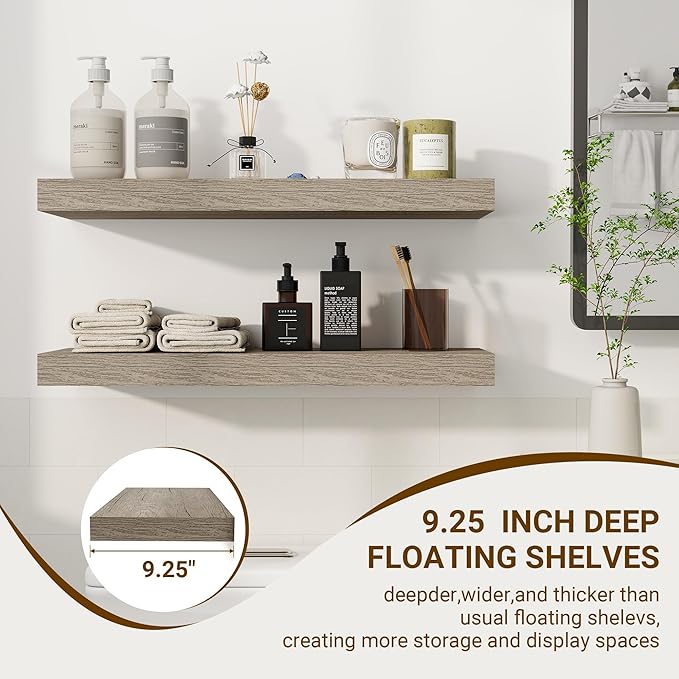 24 Inch Floating Shelves, 3D Textured Wood Grain, 24"x9.25"x1.5" Inch Deep Floating Shelves for Wall, Wooden Shelves for Bathroom, Bedroom, Living Room, Vintage Gray Oak-Ruum Studio Home