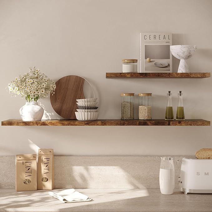 Wall Shelf Set of 2, Rustic Brown Floating Shelves 36 in W x 10 in D x 1 in H, Wooden Floating Wall Shelf with Invisible Brackets for Living Room/Bedroom/Bathroom/Kitchen Storage and Decor-Ruum Studio Home
