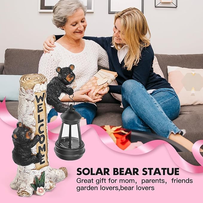 Json Garden Bear Statue with Solar LED Lantern, Gifts for Mom Yard Art, Whimsical Figurine Large Sculpture Lighted Outdoor Mother's Day Spring Decorations for Lawn, Porch-Ruum Studio Home