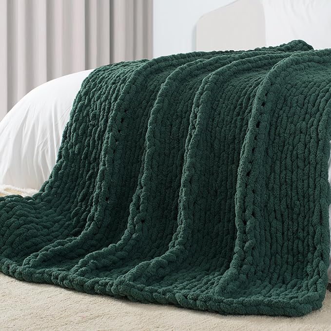 Carriediosa Chunky Knit Throw Blanket 60" X 80" Twin, 100% Hand Made Large Chenille Loop Yarn Soft Fluffy Throws for Couch Sofa Bed, Big Crochet Cozy Heavy Thick Cable Woven Blankets, Dark Green-Ruum Studio Home