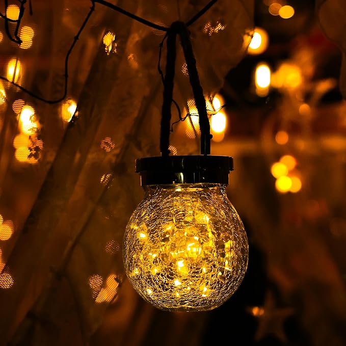 Cooo 6 Pack Heavy Crackle Glass Solar Lantern with 30 LED Firefly Lights– Waterproof Outdoor Hanging Lamp 215% Larger Solar Panel, Stainless Steel Lid Decorative Lighting for Garden Patio Table-Ruum Studio Home