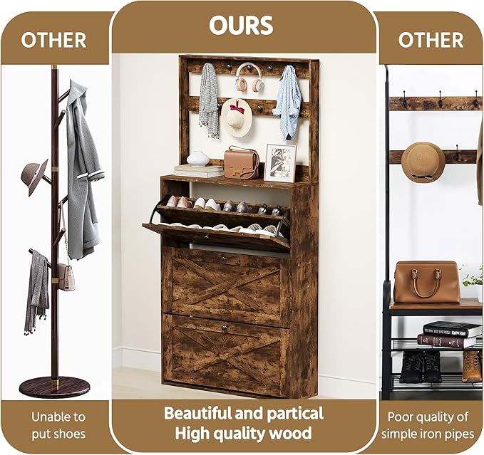 Shoe Cabinet Set 2 with 3 Flip Drawers, Narrow Shoe Cabinet with 9 Hooks Coat Rack, Freestanding Shoes Storage Cabinets with Adjustable Shelves for Entryway, Hallway, Living Room, Rustic Brown-Ruum Studio Home