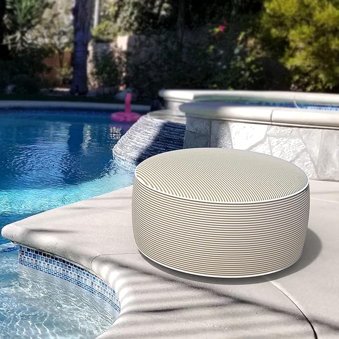 LVTXIII Inflatable Stool Ottoman Footrest with Handle, All Weather Foot Rest, Indoor or Outdoor Use for Home Patio Garden and Camping, D21 x H9, Stripe Beige-Ruum Studio Home