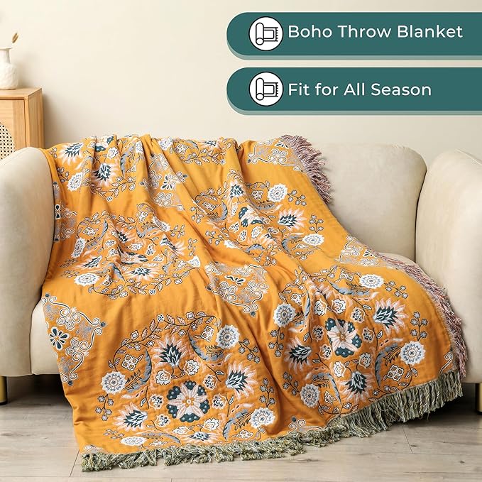 Boho Throw Blanket for Bed,100% Cotton Ultra Soft Lightweight Muslin 4-Layer Breathable Woven Throws 90''x 98'' Blanket Yellow Floral Printed Farmhouse Decor Bed Blankets-Ruum Studio Home