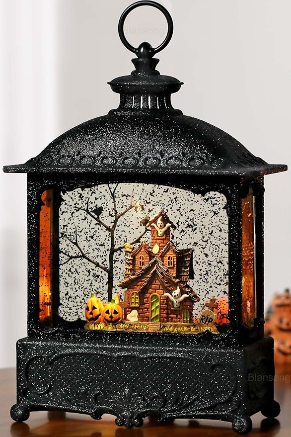Halloween Snow Globe Lantern Ghost Snow Globe Halloween Decorations for Home Haunted House Pumpkin Ghost Tree Crow Rip Dancing Bats with Timer, USB and Battery Powered 12 inch-Ruum Studio Home