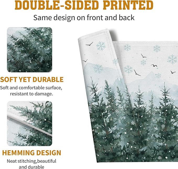 Winter Pine Tree Snowflake Placemats Set of 4 Christmas Snow Green Forest Place Mat 12x18 Inch Seasonal Xmas Holiday Rustic Nature Washable Fabric Table Mats for Farmhouse Kitchen Dining Decoration-Ruum Studio Home