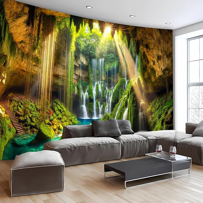 BSFHH Nature Tapestry Forest Tree Sea Cave Wall Hanging, Stream Through Rainforest Landscape Wall Art Tapestry for Bedroom Living room (Cave Waterfall, 110" × 87", Unframed)-Ruum Studio Home