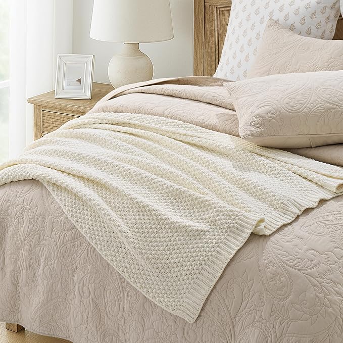 Chunky Chenille Knit Throw Blanket for Couch, Soft Luxurious Moss Stitch Blankets for Bed, Cozy Decorative Farmhouse Knitted Throws for Sofa, Ivory White, 60" x 80"-Ruum Studio Home
