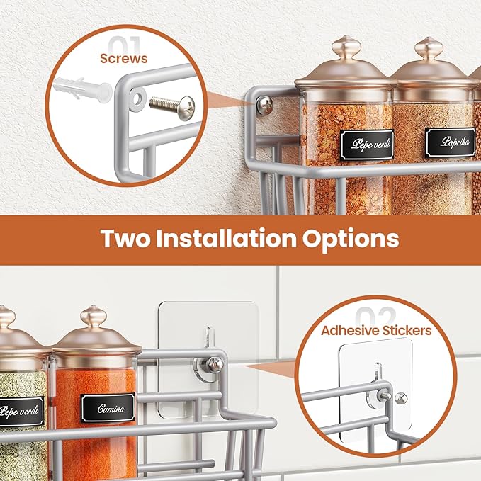 5 Pack Spice Rack Seasoning Organizer Wall Mount, Screw or Adhesive Hanging Shelf Basket Spice Organizer Shelf for Kitchen, Silver-Ruum Studio Home