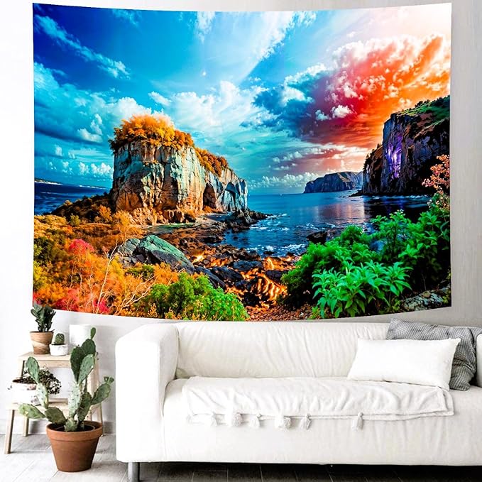 Delur Coastal Ocean Beach Tapestry Tropical Forest Tree Sunrise Sea Landscape Tapestry Wall Hanging Wave Sunset Nature Colorful Spiritual Headboard for Bedroom Living Room Home Decor (70.8" x 92.5")-Ruum Studio Home