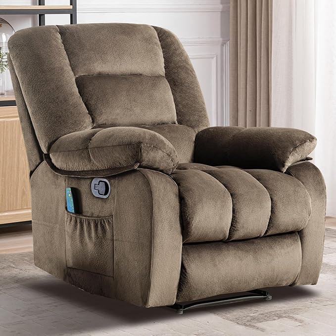 Massage Recliner Chair with Heat and Massage, Soft Fabric Ergonomic Manual Reclining Chairs, Heavy Duty Reclining Sofa Chair with Side Pockets for Living Room (Taupe)-Ruum Studio Home