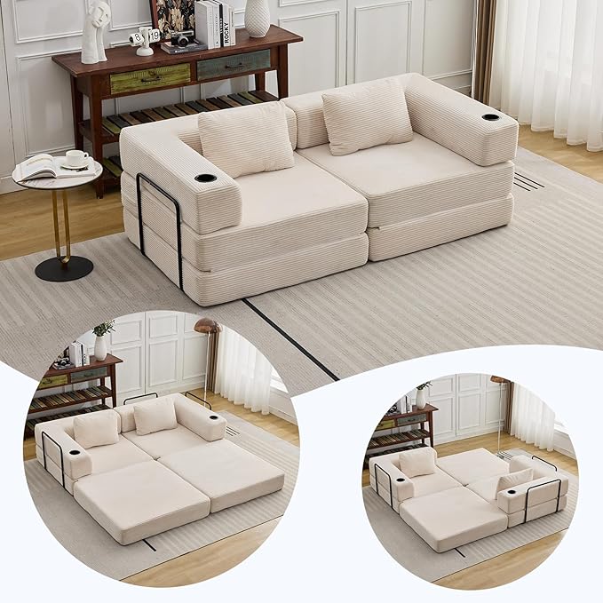 78" W Loveseat Sofa, 4 in 1 Convertible Floor Sofa Bed, Boneless Cloud Couch with Cup Holder, Fold Out Floor Couch, Loveseat Recliner Sleeper for Living Room Bedroom Lounge(Corduroy, White)-Ruum Studio Home