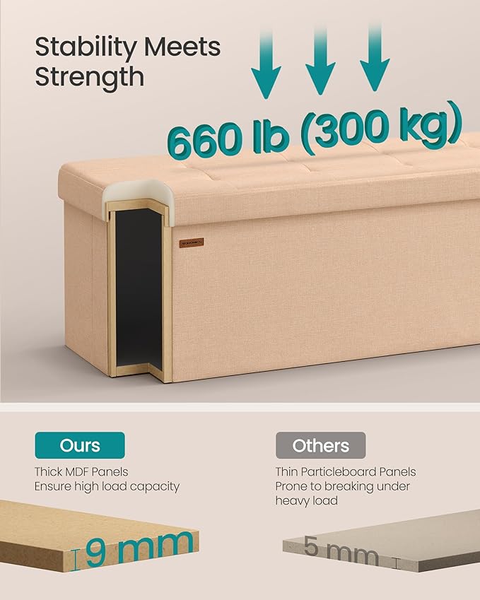 SONGMICS Mazie Collection - Storage Ottoman Bench, 43 Inches Folding Foot Rest Stool, End of Bed Bench, Easy Assembly, for Living Room, Bedroom, Entryway, Apricot Orange ULSF077O01-Ruum Studio Home