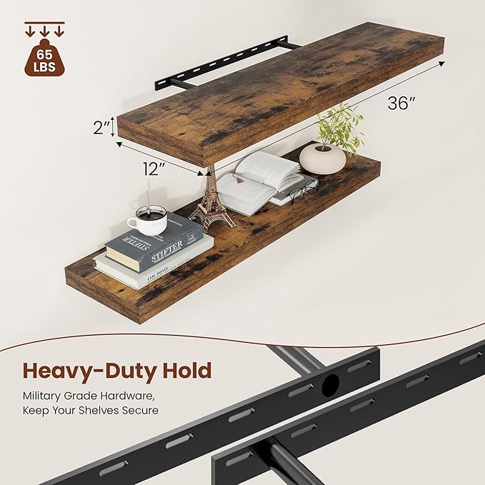 12" Deep Floating Shelves for Wall 36 Inches Long, Heavy Duty Wall Shelves for Bedroom Bathroom Kitchen Laundry Room, Farmhouse Rustic Shelves for Home Decor, 36" X 12" X 2" Set Of 2, Rustic Brown-Ruum Studio Home