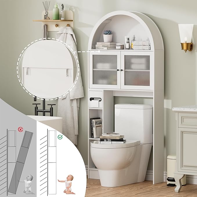 Over The Toilet Storage Cabinet, 31''W Arched Space-Saving Bathroom Organizer with Adjustable Shelf and Acrylic Doors, Freestanding Over Toilet Cabinet for Bathroom, Laundry, Restroom (White)-Ruum Studio Home