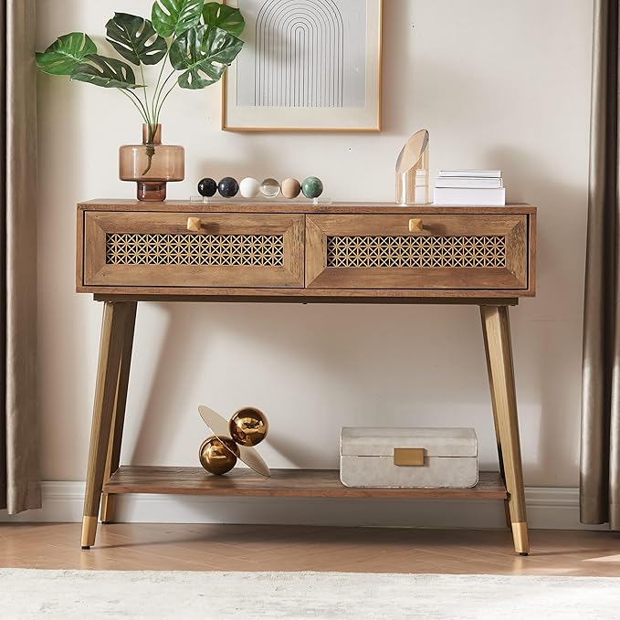 Narrow Sofa Table with Two Drawers and Shelf, Modern Style Wooden Console Table for Living Room, Entryway, Hallway, Rustic Oak-Ruum Studio Home