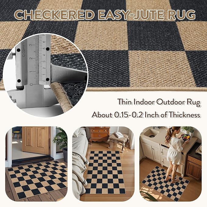 Lahome Checkered Easy Jute 2x3 Rug, Small Entryway Rug Non Slip Kitchen Front Door Mat, Farmhouse Neutral Area Rug Non Shedding Low Pile Floor Carpet for Foyer Porch Doorway-Ruum Studio Home