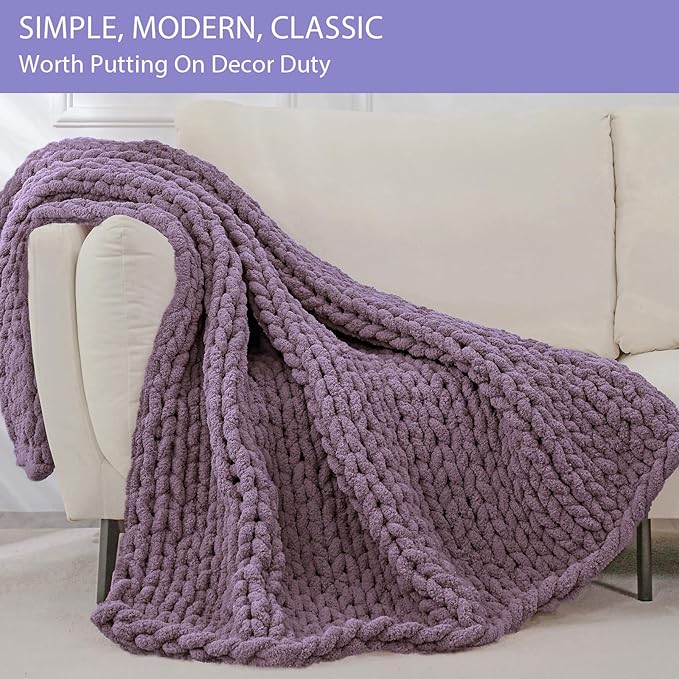 Bigacogo Chunky Knit Throw Blanket for Couch, 40x60 inches, 100% Hand Knitted with Thick Jumbo Chenille Yarn, Cozy Soft Large Rope Knot Cable Crochet Blankets for Sofa Bed Living Room, Winter Grape-Ruum Studio Home
