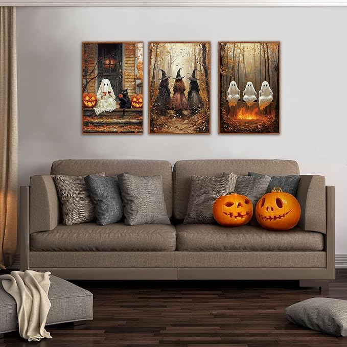 HLNIUC Framed Halloween Canvas Wall Art,Dark Witch Crow Raven Prints,Black Cat Decor,Horror Gothic Ghost Pictures Set of 3 (16"X24") Scary Pumpkin Wall Decor for Party Living Room Bedroom Decoration-Ruum Studio Home