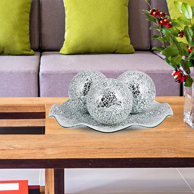 MDLUU Mosaic Centerpiece Tray, 11.6" Decorative Glass Plate, Home Decor Glass Bowl for Dining Room Table, Coffee Table, Gift (Silver)-Ruum Studio Home