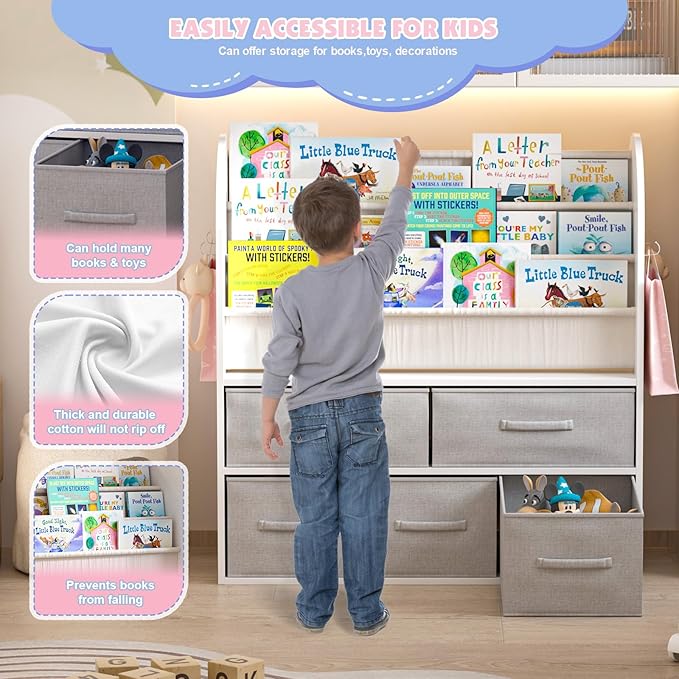 NACHES Kids Bookshelf and Toy Storage Bins, Children Bookcase Toddler Book Display Cabinet with 5 Toy Organizer Boxes for Playroom,Reading Room,Toddler Room,Nursery,Classroom-Ruum Studio Home