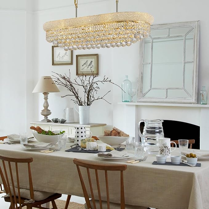 Rectangular Crystal Chandeliers for Dining Room,10 Lights Adjustable Height Oval Crystal Ceiling Light Fixture for Kitchen Island, Gold Finish, L36''-Ruum Studio Home
