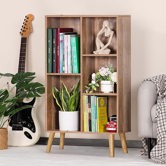 5 Cube Small Bookshelf,3 Tier Mid-Century Modern Bookcase with Legs,Wood Kids Bookshelves Storage Organizer Shelf,Free Standing Narrow Book Shelves,Oak Grey Corner Bookcases for Bedroom,Living Room-Ruum Studio Home