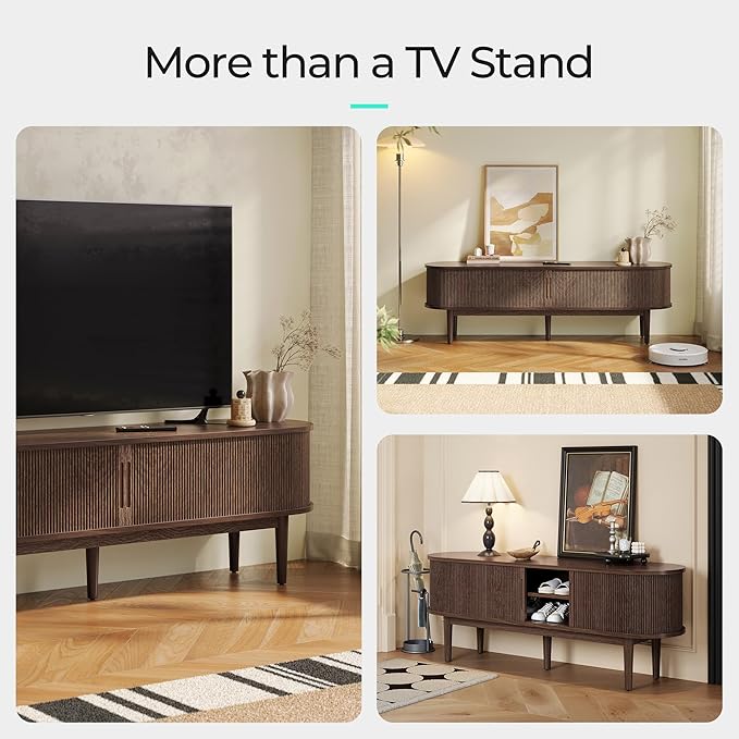 LINSY HOME Fluted TV Stand for 75" TV, Mid-Century Modern 70" Entertainment Center with Sliding Tambour Door and Storage Cabinet, Cruved TV Media Console Table for Living Room, Bedroom, Walnut-Ruum Studio Home