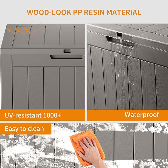 31 Gallon Resin Deck Box, Lockable Patio Outdoor Storage Box for Furniture, Garden Tools and Tools Storage, Waterproof Outside Storage Boxes - Grey-Ruum Studio Home