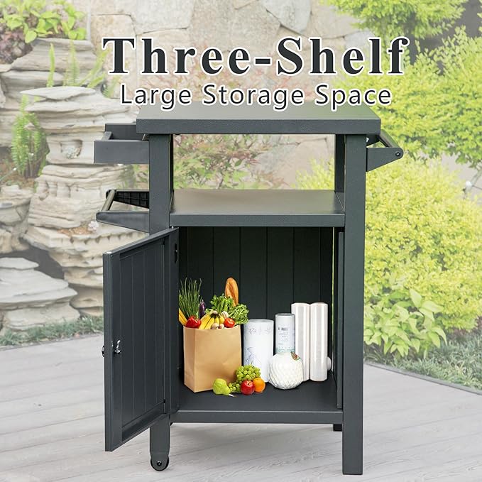 Domi Grill Carts Outdoor with Storage and Wheels, Whole Metal Portable Table and Storage Cabinet for BBQ,Deck,Patio,Backyard(Dark Grey)-Ruum Studio Home