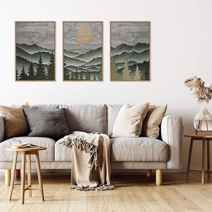 HLNIUC Mountain Framed Canvas Wall Art,Large Green Forest Woodcut Wall Decor Set of 3(16”x24”)Abstract Sun Forest Pine Trees Wall Painting,Rustic Sun Nature Landscape Art Print for Living Room,Bedroom-Ruum Studio Home