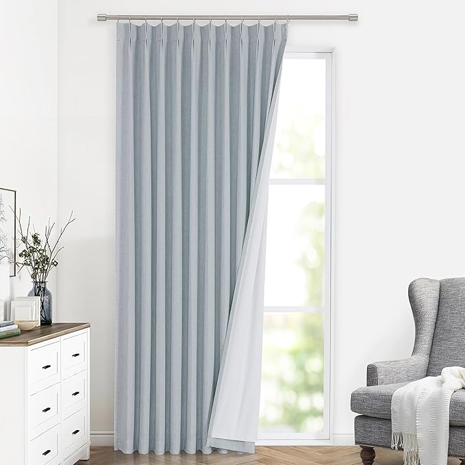 Vision Home Blue Fog Pinch Pleated Full Blackout Curtains Linen Blended Room Darkening Window Curtains 112 inch for Living Room Bedroom Thermal Insulated Pinch Pleat Drapes with Hooks 60" Wx112 Lx1-Ruum Studio Home