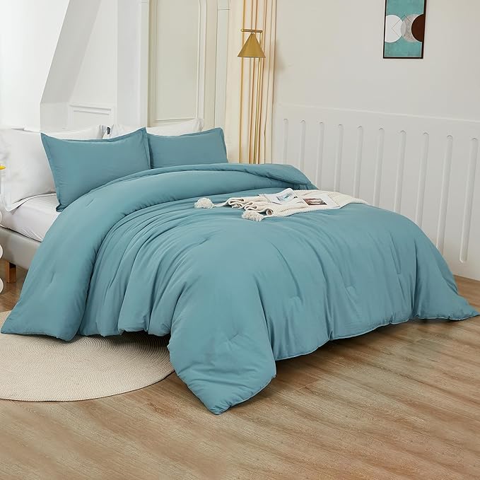 Litanika Comforters Grayish Teal Oversized Queen Size, 3 Pieces Lightweight Solid Bedding Comforter Set, All Season Fluffy Bed Set (98x98In Comforter & 2 Pillowcases)-Ruum Studio Home