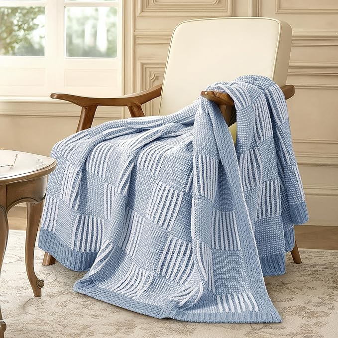 Amélie Home Chenille Knit Throw Blanket for Couch, Checkered Texture Decorative Soft Blanket for Sofa, Bed & Living Room, 50"x60", Blue & White-Ruum Studio Home