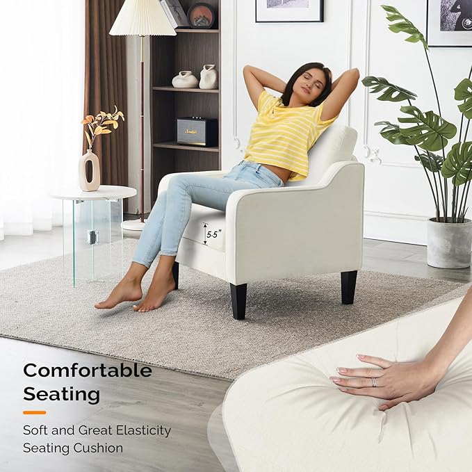 VINGLI Mid Century Modern Accent Chairs for Living Room, Cream White Comfy Reading Chair Soft Chenille Sofa Chairs Upholstered Side Armchair for Living Room, Bedroom, Apartment-Ruum Studio Home
