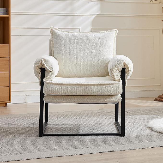 YISHENG Accent Chair with 6-Angle Adjustable Backrest, Chenille Fabric Living Room Chair Upholstered Lounge Chair, Modern Chair Cozy Reclining Chair for Reading Room, 1PC White-Ruum Studio Home