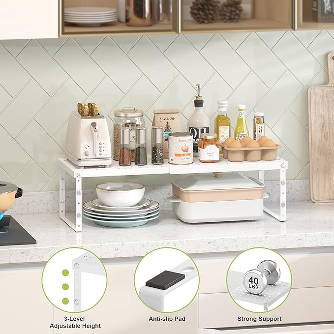Expandable Cabinet Organizer Shelf With Adjustable Height, Stackable Kitchen Countertop Organizer Rack, Adjustable Shelf Riser For Kitchen Counter, Pantry, Cupboard, Desk, Tabletop-Ruum Studio Home
