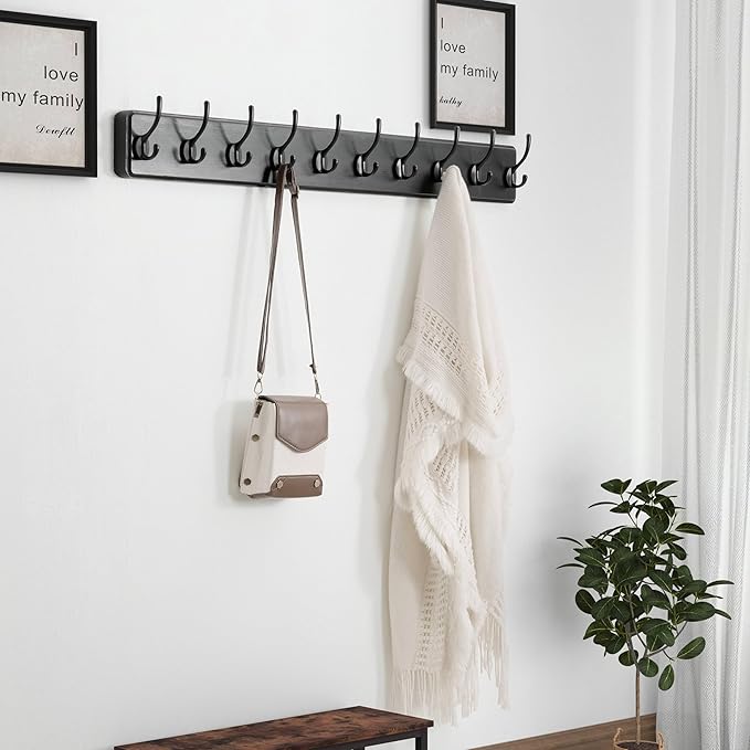 Dseap Wall Mounted Coat Rack: 38-1/4" Long, Patented, Heavy-Duty, 10-Double-Hooks Wooden Hanger Rail for Winter Coats, Hats, Jackets, Clothing - Black, Pack of 2-Ruum Studio Home
