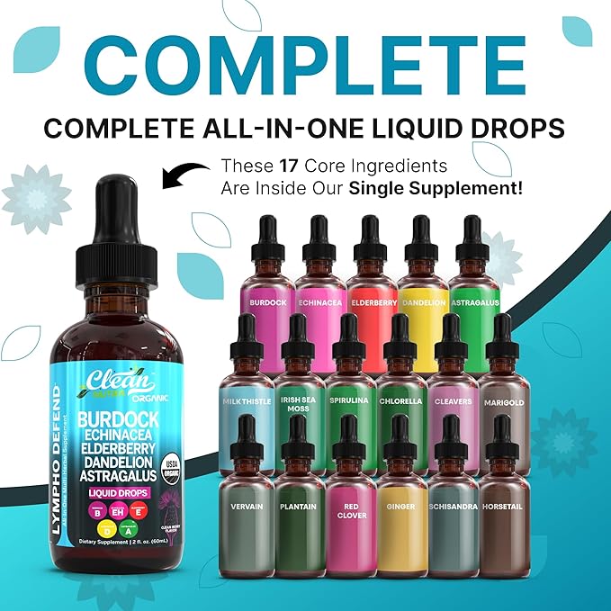 Organic Lymphatic Drainage Supplement | Lymphatic Support Drops | Burdock Root Echinacea Elderberry Dandelion Astragalus Milk Thistle Sea Moss Red Clover Cleanse Marigold Drop by Clean Nutra-Ruum Studio Home