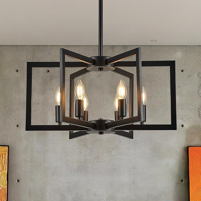 Modern Farmhouse Black Chandeliers for Dining Room, 6-Light Industrial Metal Chandeliers Geometric Pendant Lights Kitchen Island for Entryway Stairway Foyer Hallway-Ruum Studio Home