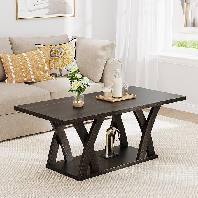 47” Wood Coffee Tables for Living Room Rustic Stands with Storage Shelf Brown Coffee Tables for Living Room. Farmhouse Center Stands with Shelf Farmhouse Rectangle Center Table-Ruum Studio Home