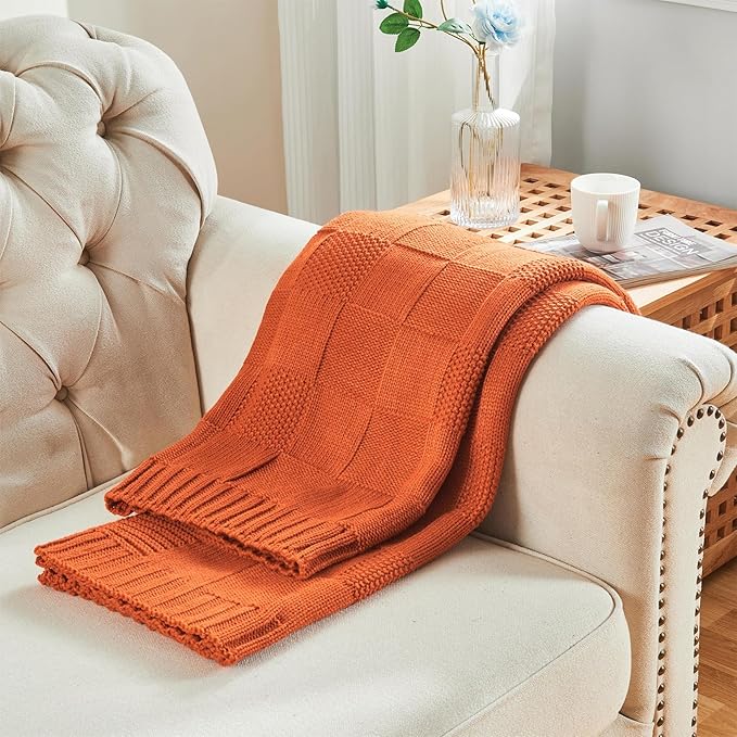 CozeCube Check Knit Throw Blanket, Rust Orange Checkered Throw for Couch, Decorative Christmas Soft Cozy Warm Knitted Blanket for Bed Sofa Living Room, 50"X60"-Ruum Studio Home