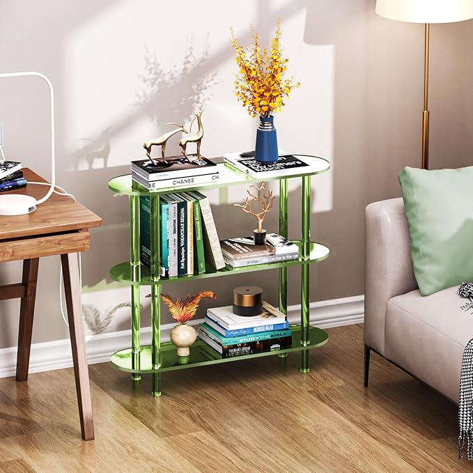 Clear Bookshelf, Acrylic Bookcase with Open Book Shelf Console Table for Entryway Office (3 Tier Green)-Ruum Studio Home