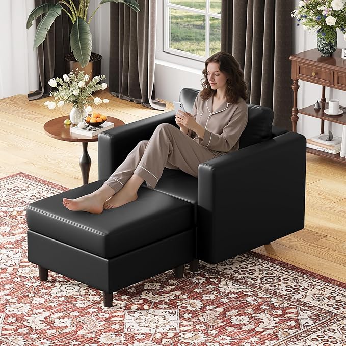Faux Leather Oversized Accent Chair with Storage Deep Seat Single Sofa Large Reading Armchair for Living Room Bedroom Office Black-Ruum Studio Home